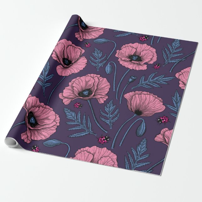 Pink poppies on dark violet wrapping paper (Unrolled)
