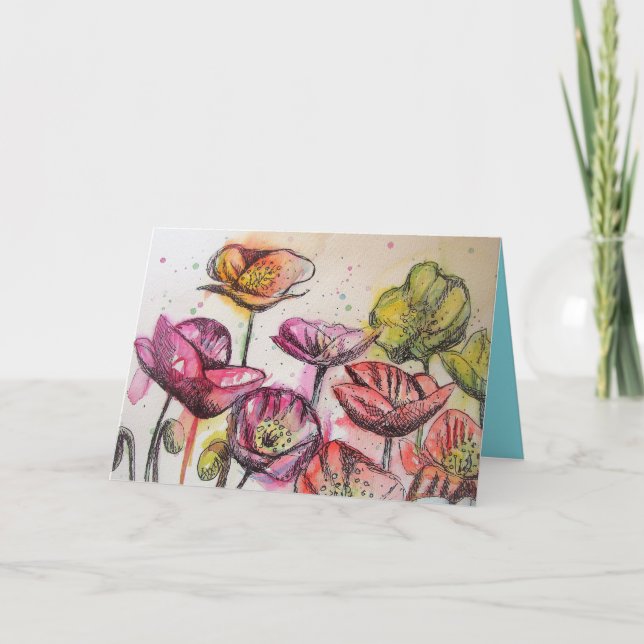 Pink Poppies Watercolour and ink Birthday Card (Front)
