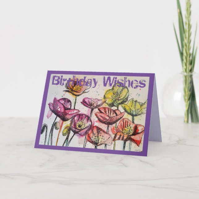 Pink Poppies Watercolour and ink Birthday Card (Front)