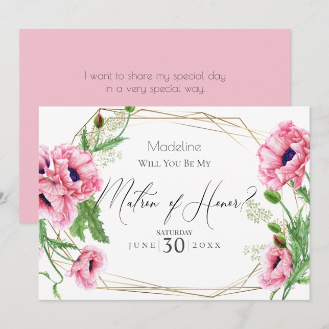 Pink Poppies Will You Be My Matron of Honour Invitation (Front/Back)
