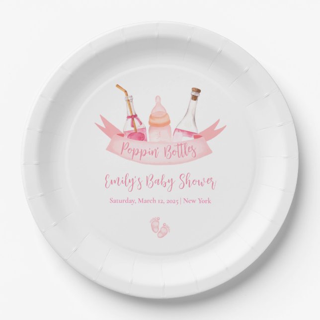 Pink Poppin Champagne Bottles Feet Baby Shower  Paper Plate (Front)