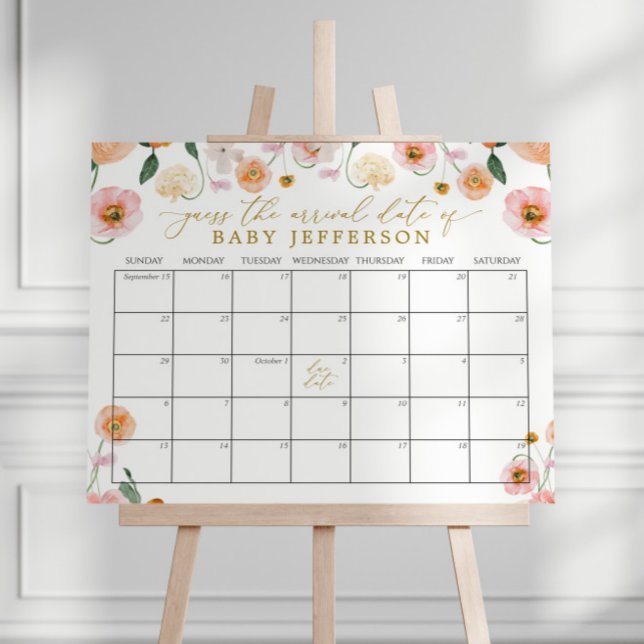 Pink Poppy Baby Shower Guess Due Date Calendar Poster (Creator Uploaded)