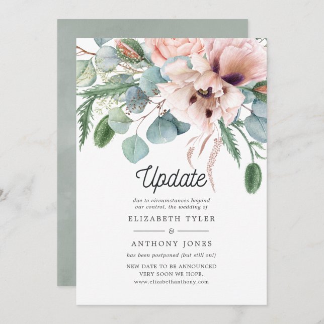 Pink Poppy Eucalyptus Wedding Postponement Invitation (Front/Back)
