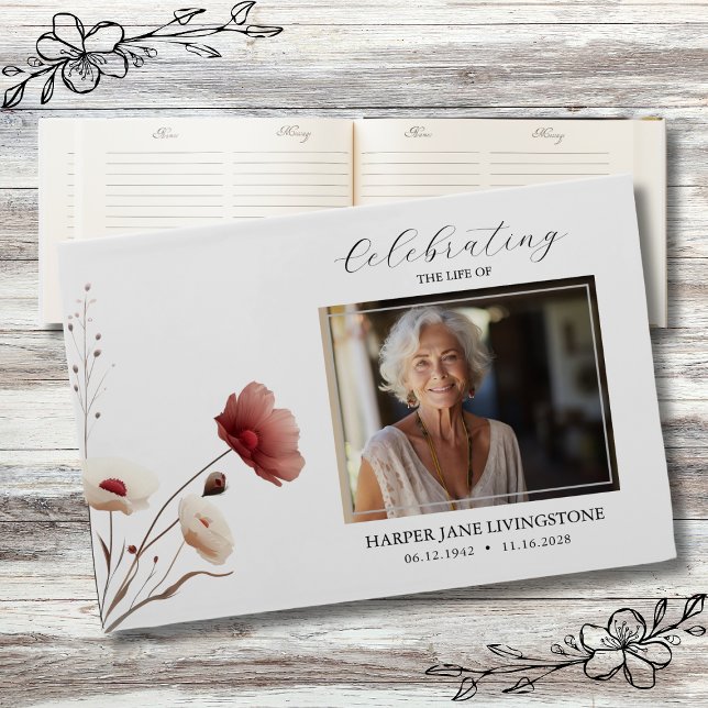 Pink Poppy Floral Funeral Memorial  Guest Book (Creator Uploaded)