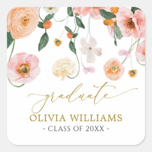 Pink Poppy Floral Graduation Favour Square Sticker