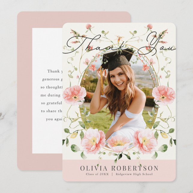 Pink Poppy Floral Photo Graduation Thank You Card (Front/Back)