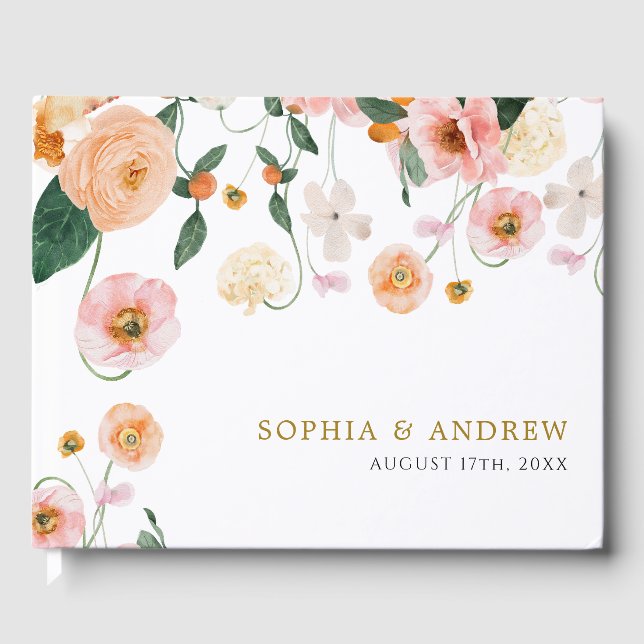 Pink Poppy Floral Wedding Guest Book (Front)