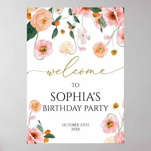 Pink Poppy Flowers Birthday Party Welcome Poster (Front)