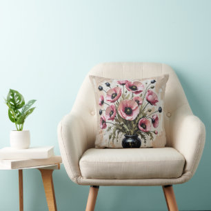 Pink Poppy Impasto Art Cushion