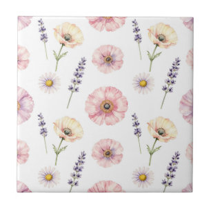 Pink Poppy Lavender Daisy Watercolor Floral Ceramic Tile