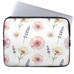 Pink Poppy Lavender Daisy Watercolor Floral Laptop Sleeve