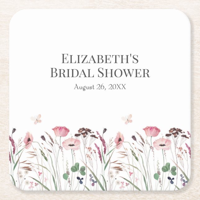 Pink Poppy Meadow Bridal Shower Square Paper Coaster (Front)
