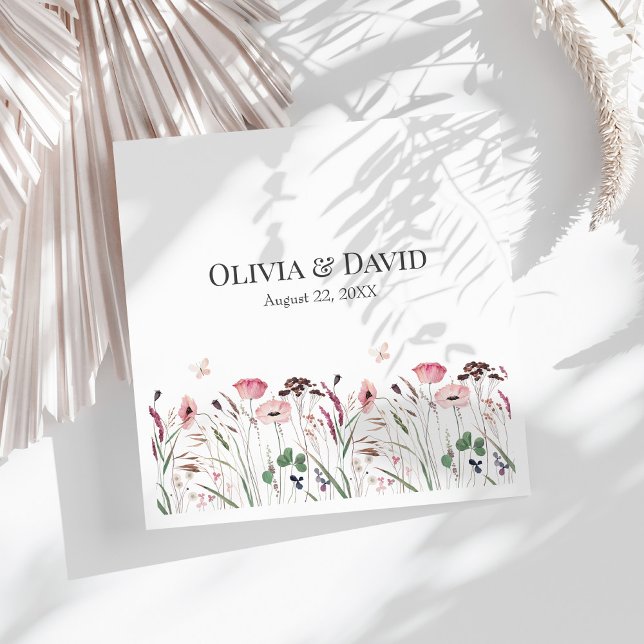 Pink Poppy Meadow Wedding Napkins (Pink Poppy Meadow Wedding Napkins on a sunny white table.)