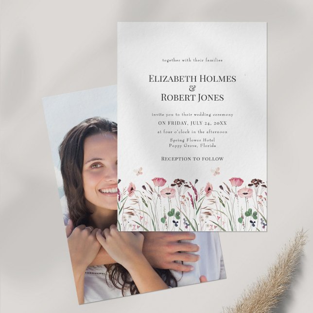 Pink Poppy Meadow with Couple Photo Wedding Invitation (Creator Uploaded)