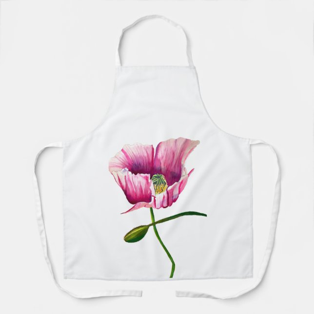 Pink poppy watercolor flower art apron (Front)