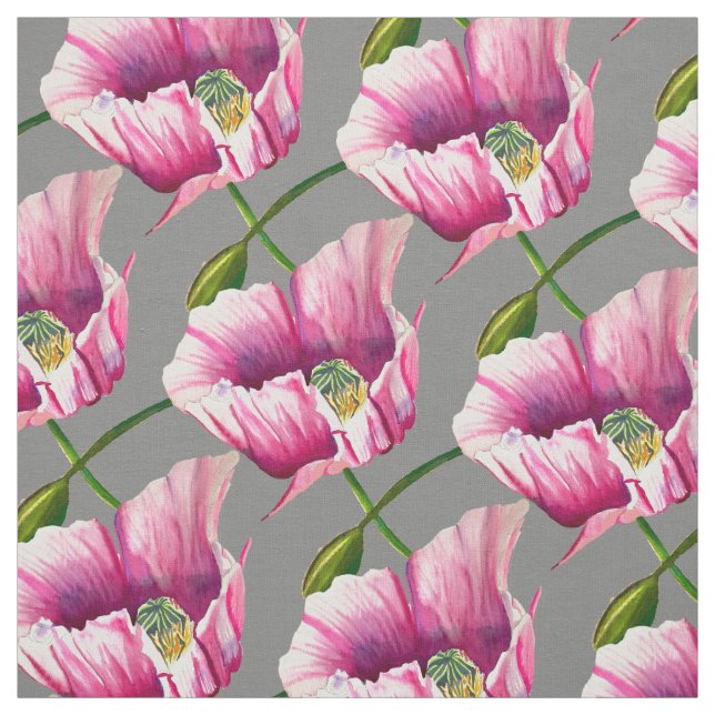 Pink poppy watercolor flower art fabric (Swatch)