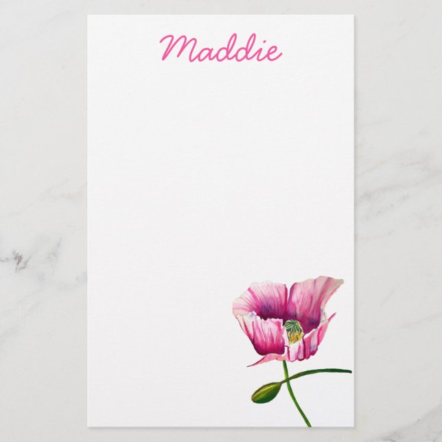 Pink poppy watercolor flower art stationery (Front)
