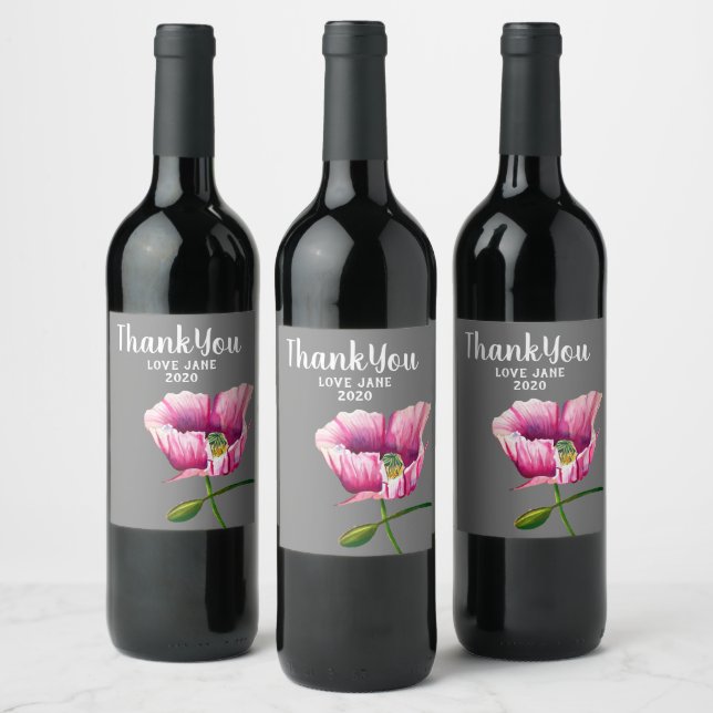 Pink poppy watercolor flower art wine label (Bottles)