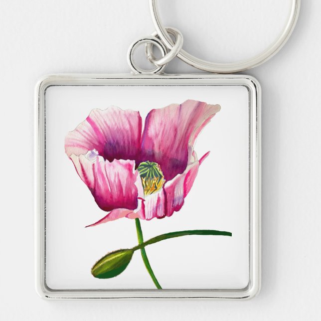 Pink Poppy watercolor flower pretty art Key Ring (Front)