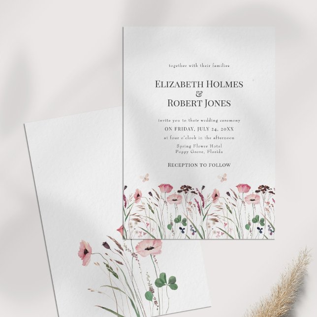 Pink Poppy Wildflower Meadow Wedding Invitation (Pink Poppy Meadow Wedding Invitation on a table)