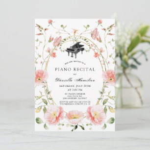 Pink Poppy Wildflower Piano White Recital Invitation