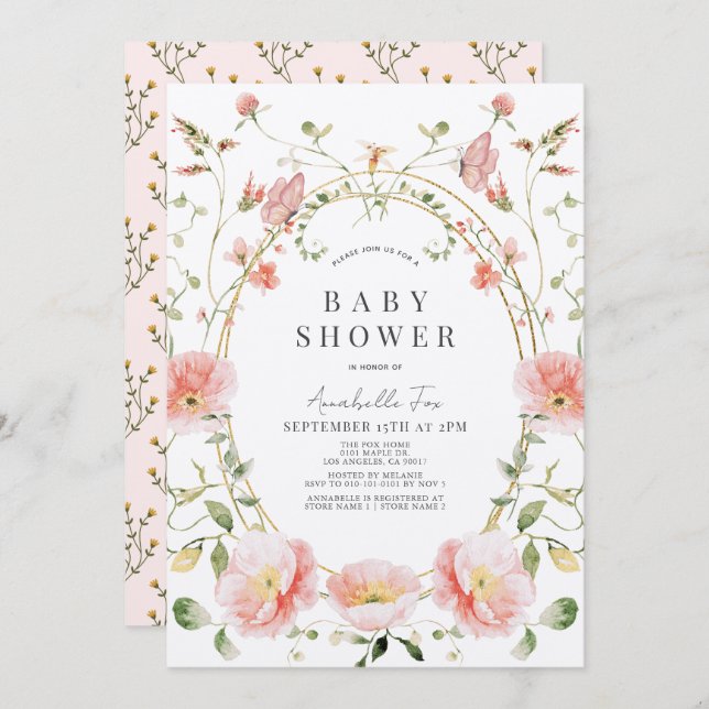 Pink Poppy Wildflowers Butterfly Baby Shower Invitation (Front/Back)