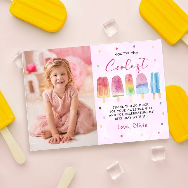 Pink Popsicle Ice Cream Girl Photo Thank You Card (Creator Uploaded)