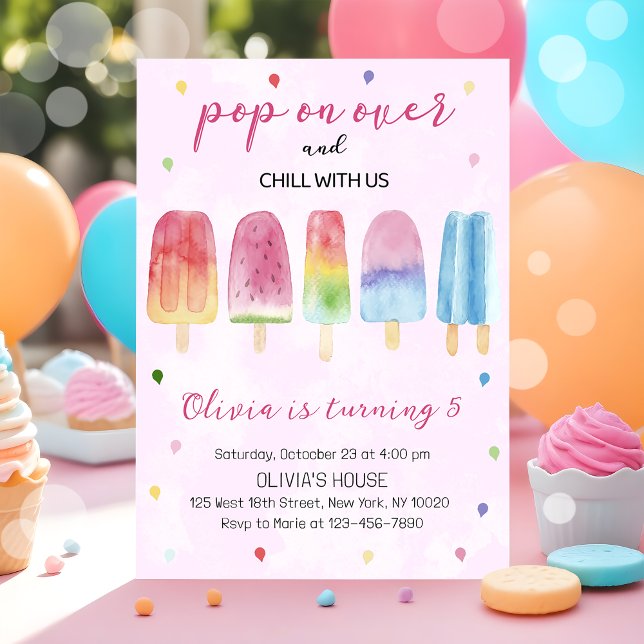 Pink Popsicle Ice Cream Pop On Over Birthday Party Invitation (Creator Uploaded)