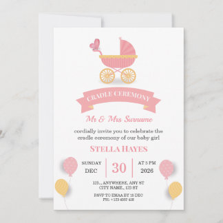 Pink Pram Baby Girl Cradle Ceremony Invitation