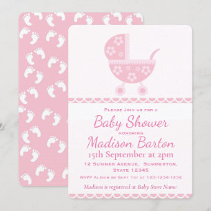 Pink Pram Cute Girl Baby Shower Invitation