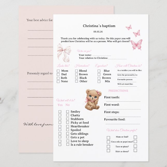 Pink Predictions and advice game for Baptism (Front/Back)