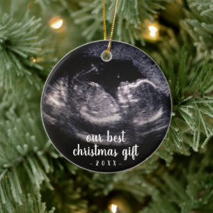 Pink Pregnancy Reveal Ultrasound Photo Christmas Ceramic Ornament