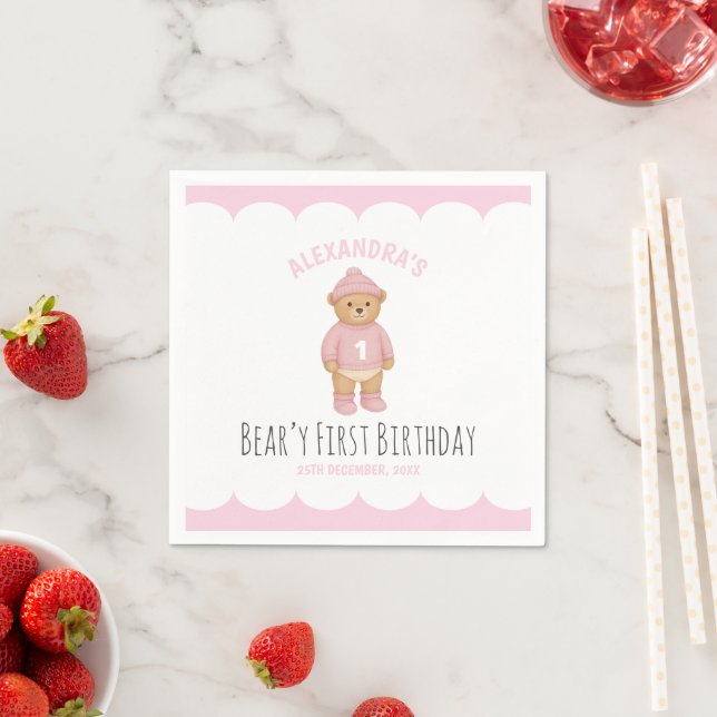Pink Preppy Bear Beary First Birthday  Napkin (Insitu)