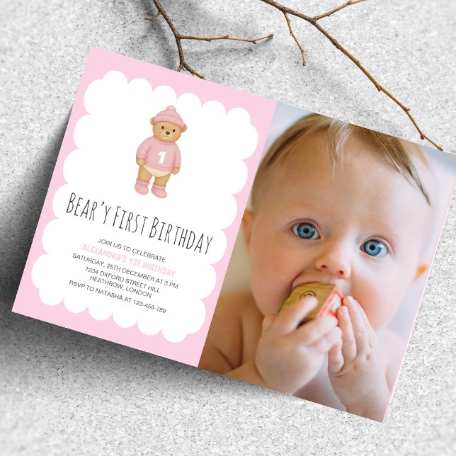 Pink Preppy Bear Beary First Birthday Photo Invitation (Creator Uploaded)
