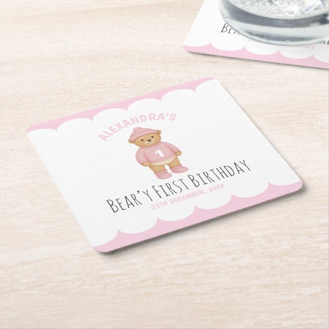 Pink Preppy Bear Beary First Birthday  Square Paper Coaster (Angled)