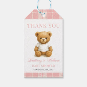 Pink Preppy Bear Elegant Plaid Baby Shower   Gift Tags