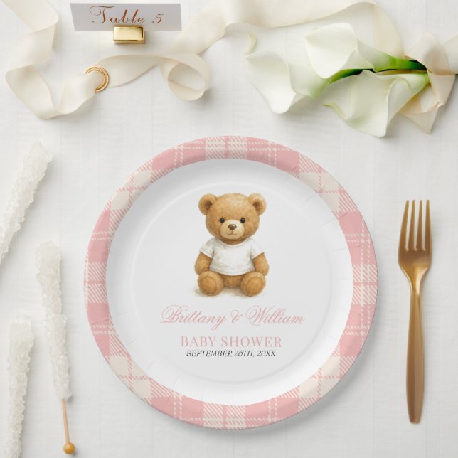 Pink Preppy Bear Elegant Plaid Baby Shower   Paper Plate (Wedding)