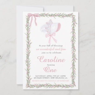 Pink Preppy Bonnet Girl First Birthday Invitation