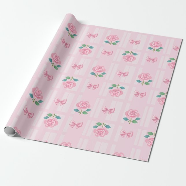 Pink Preppy Coquette Ribbon and Rose  Wrapping Paper (Unrolled)