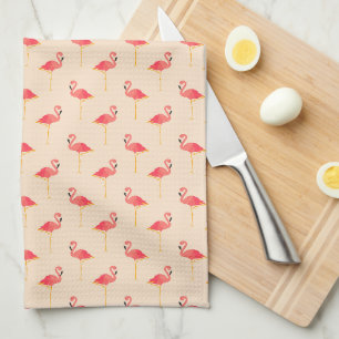 Pink Preppy Flamingos on Cream Kitchen Towel