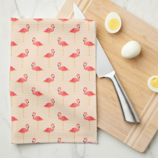 Pink Preppy Flamingos on Cream Kitchen Towel