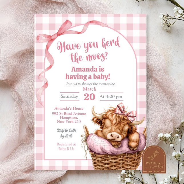 Pink Preppy Gingham Cow Baby Shower Invitation (Creator Uploaded)