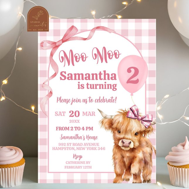 Pink Preppy Gingham Cow Girl 2nd Birthday Invitation (Creator Uploaded)