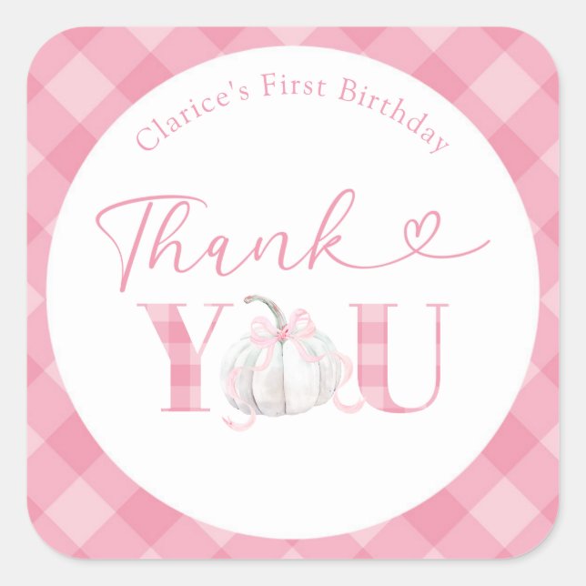 Pink Preppy Girl Pumpkin Birthday Thank You  Square Sticker (Front)