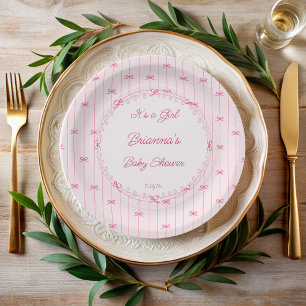 Pink preppy hand drawn baby shower monogrammed paper plate