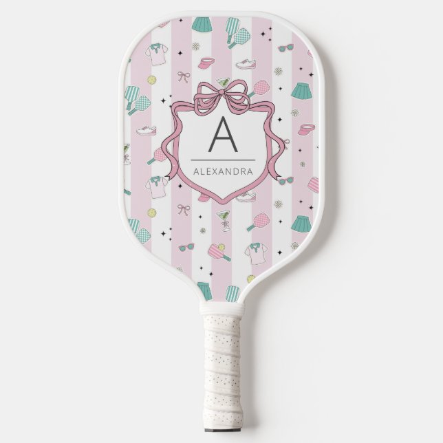 Pink Preppy Monogram Print Pickleball Paddle (Front)