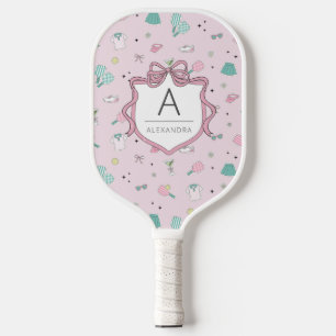 Pink Preppy Monogram Print Pickleball Paddle