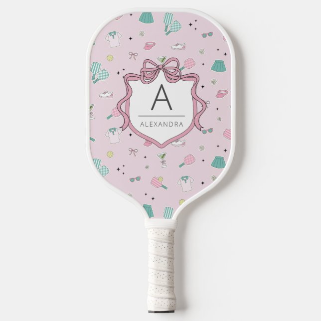 Pink Preppy Monogram Print Pickleball Paddle (Front)