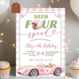 Pink Preppy Retro Need Four Speed Birthday Invitat Invitation