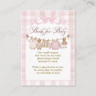 Pink Preppy Teddy Bear Girl Baby Shower books Enclosure Card